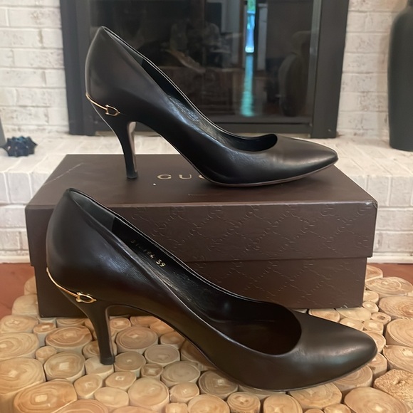 Gucci Black Leather Napa Charlotte Nero 3.5 Heel Almond Toe Horsebit Logo 39 8.5 - Picture 3 of 9